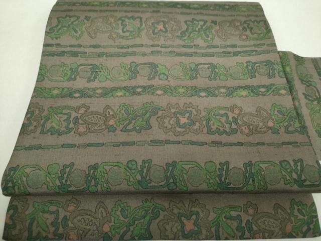 平和屋着物●全通柄九寸名古屋帯　紬地　型染　横段更紗花文　正絹　逸品　DABA1383ps