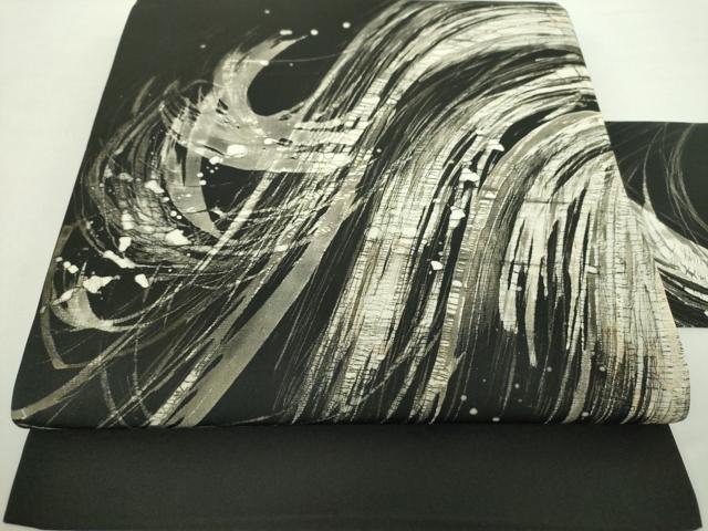 平和屋着物●塩瀬　九寸名古屋帯　作家物　ろうけつ染め　抽象文様　黒地　正絹　逸品　DABA1384ps