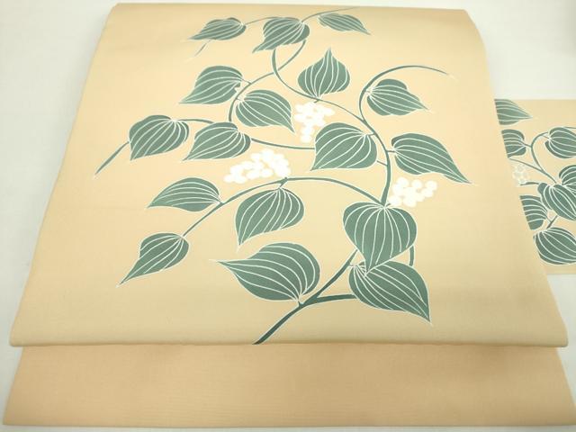 平和屋着物●塩瀬　九寸名古屋帯　刺繍　草花文　正絹　逸品　DABA1386ps