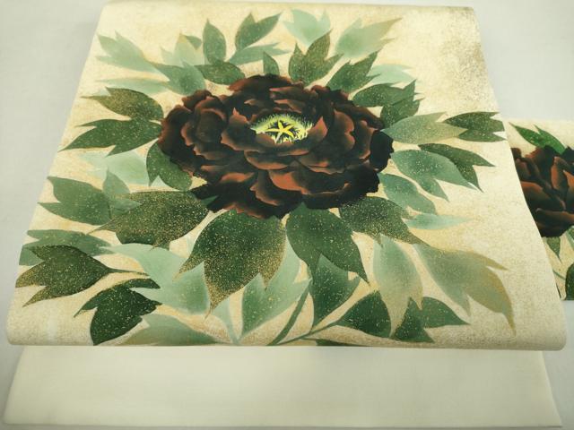 平和屋着物●塩瀬　九寸名古屋帯　手描き　牡丹文　金彩　正絹　逸品　DABA1387ps