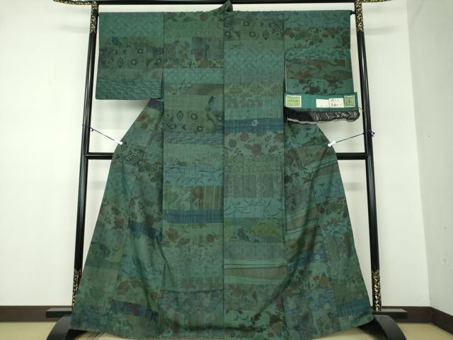 平和屋着物●小千谷紬　小千谷織物　百柄　横段花文　織り人・高橋シン作　証紙付き　正絹　逸品　DABA1472ps