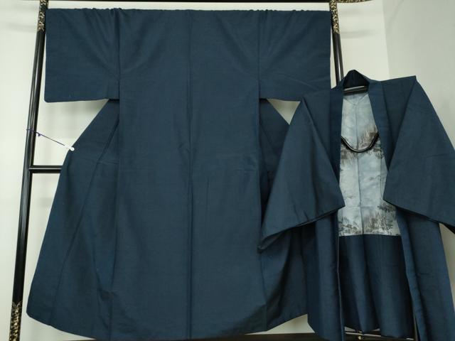 平和屋着物●男性　紬　アンサンブル　長羽織　色無地　濃紺地　正絹　逸品　DABA1493ps