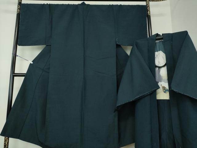 平和屋着物●男性　紬　アンサンブル　長羽織　色無地　濃紺地　正絹　逸品　未使用　DABA1497ps