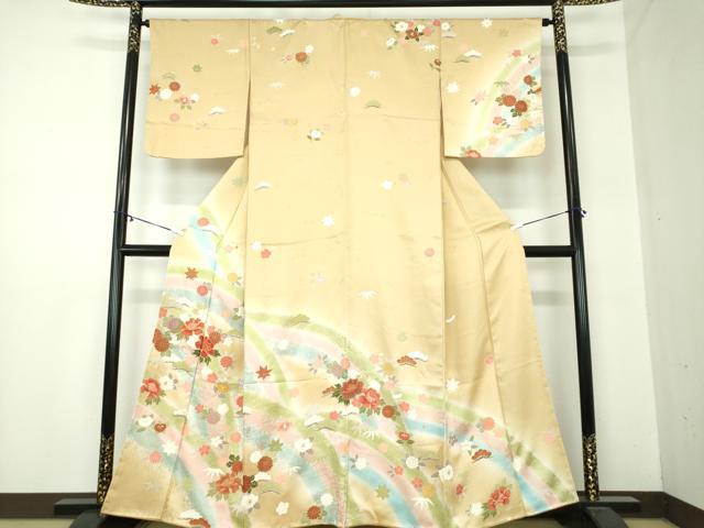 平和屋着物●訪問着　駒刺繍　流水花文　暈し染め　金彩　正絹　逸品　DABA1548ps