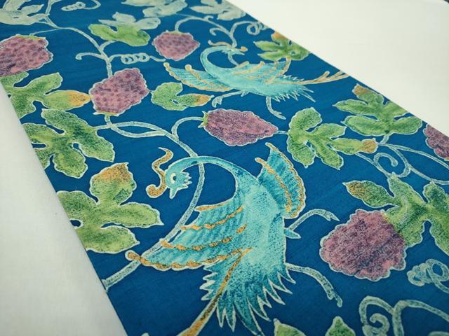 平和屋着物●太鼓柄袋帯　作家物　紬地　ろうけつ染め　花鳥文　正絹　逸品　DABA1657ps