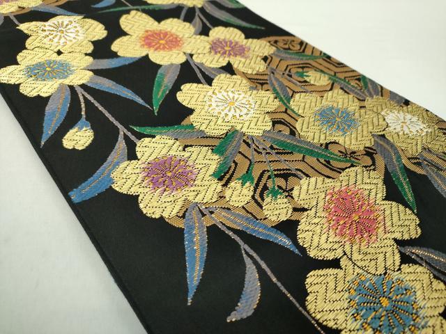 平和屋着物●ファッションデザイナー　花井幸子　六通柄袋帯　唐織　枝垂れ桜　雲取り七宝花文　黒地　金糸　正絹　逸品　DABA1670ps_1