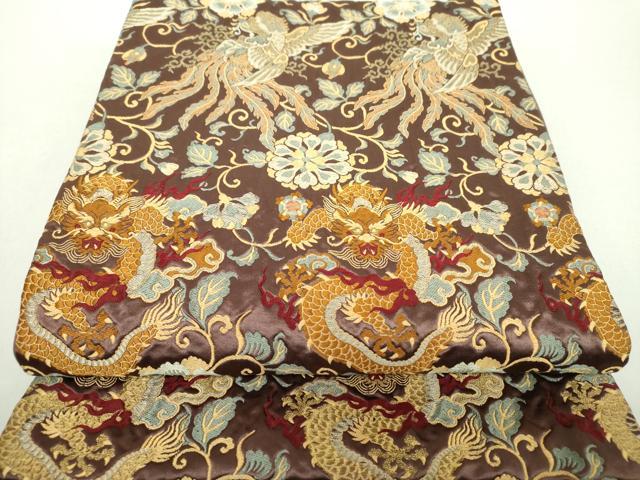 平和屋着物●アンティーク　大正ロマン　全通柄京袋帯　五爪龍　鳳凰更紗花文　金糸　正絹　逸品　DABA1681ps