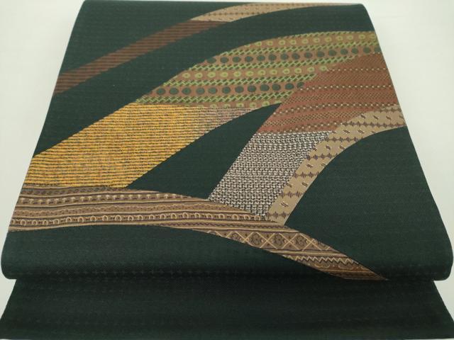 平和屋着物●太鼓柄袋帯　切嵌　花菱文　黒地　正絹　逸品　未使用　DABA1746ps