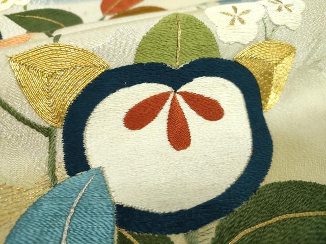 平和屋着物●アンティーク　大正ロマン　太鼓柄袋帯　駒刺繍　総手刺繍　橘　梅　金銀糸　正絹　逸品　DABA1819ps_3
