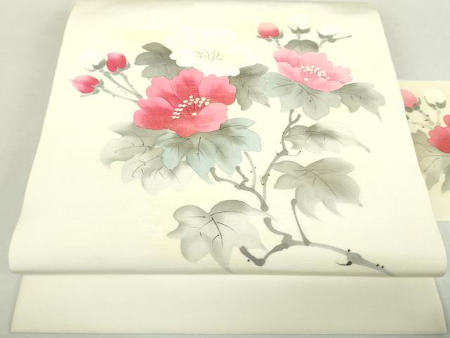 平和屋着物○塩瀬 九寸名古屋帯 手描き 枝花文 金彩 正絹 逸品 未使用 