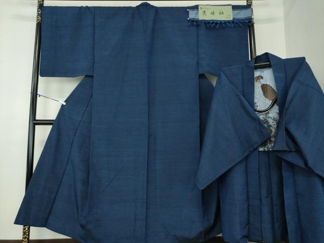 平和屋着物●男性　貴峰紬　アンサンブル　長羽織　紺地　証紙付き　正絹　逸品　DABA1875ps
