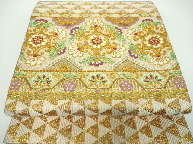 平和屋着物●六通柄袋帯　作家物　横段花文　金銀糸　正絹　逸品　DABA1999ps 平和屋着物○六通柄袋帯 横段花文 金糸 正絹 逸品 未使用 DABE1360opの