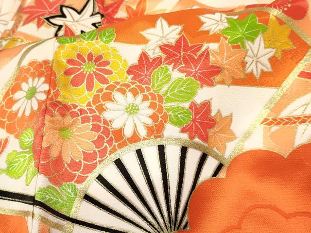 平和屋着物[]七五三 女の子 3歳 祝着 三つ身 襦袢付き 駒刺繍 扇面花
