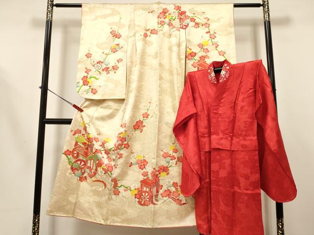 平和屋着物[]七五三　女の子　７歳　祝着　四つ身　長襦袢(袷・半衿刺繍)セット　駒刺繍　御所車枝梅文　金銀彩　逸品　DABA3563ma