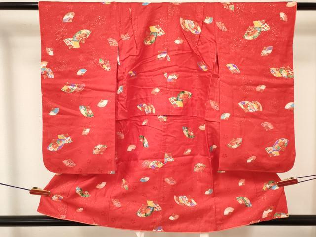 平和屋着物[]七五三　女の子　３歳　祝着　三つ身　長襦袢(単衣・半衿刺繍)セット　扇面花文　金彩　逸品　DABA3570ma_1