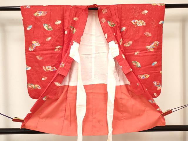 平和屋着物[]七五三　女の子　３歳　祝着　三つ身　長襦袢(単衣・半衿刺繍)セット　扇面花文　金彩　逸品　DABA3570ma_2