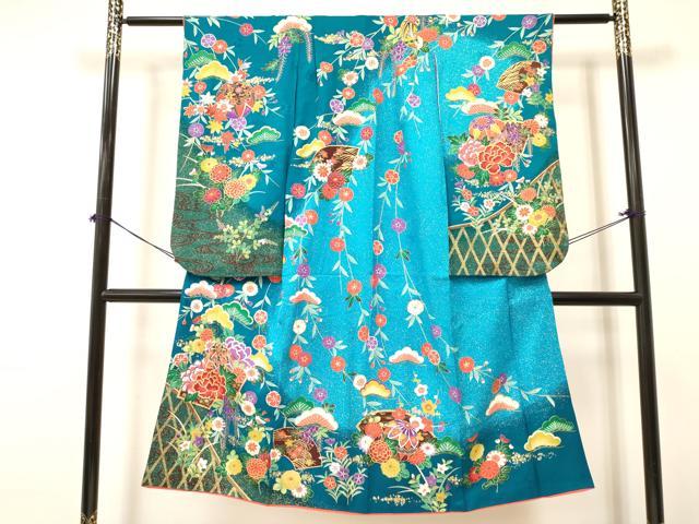 平和屋着物[]七五三　女の子　７歳　祝着　四つ身　地紙鞠花文　暈し染め　金彩　逸品　DABA3635ma