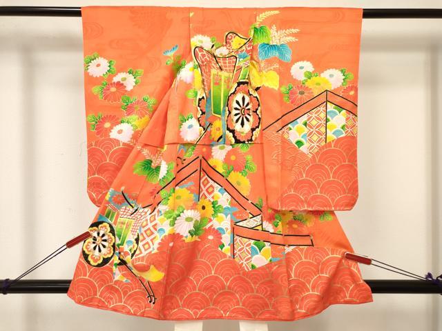 平和屋着物[]七五三　女の子　３歳　祝着　三つ身　駒刺繍　御所車花文　金彩　逸品　DABA3692ma