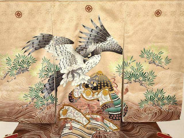 平和屋着物[]お宮参り　男の子　祝着　産着　初着　のしめ　鷹　鷲　兜　立波松文　暈し染め　金彩　逸品　DABA3712ma_2