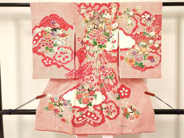 平和屋着物[]お宮参り　女の子　祝着　産着　初着　のしめ　鴛鴦　御所車花蝶文　金彩　逸品　DABA3777ma