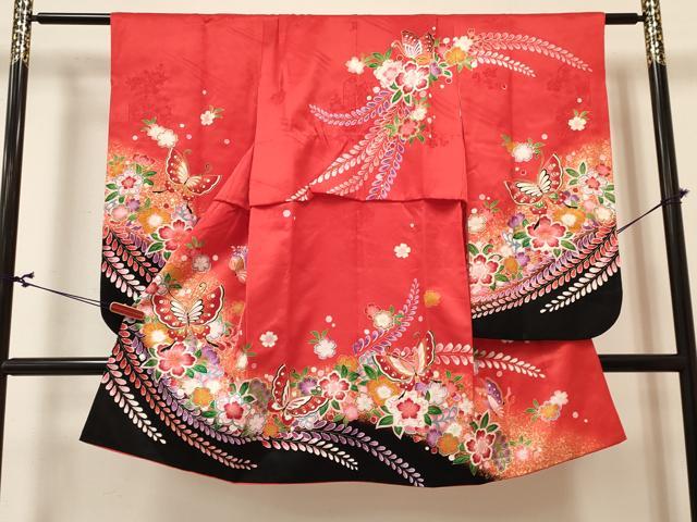 平和屋着物[]七五三　女の子　７歳　祝着　四つ身　長襦袢(単衣)セット　花蝶文　暈し染め　金彩　逸品　DABA3820ma_1