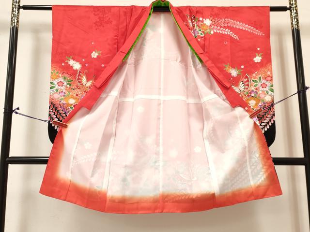 平和屋着物[]七五三　女の子　７歳　祝着　四つ身　長襦袢(単衣)セット　花蝶文　暈し染め　金彩　逸品　DABA3820ma_2