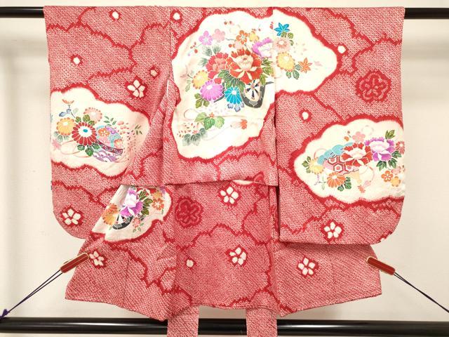 平和屋着物[]七五三　女の子　３歳　祝着　三つ身　長襦袢(袷・半衿刺繍)セット　絞り　檜扇花車文　金彩　逸品　DABA3824ma_1