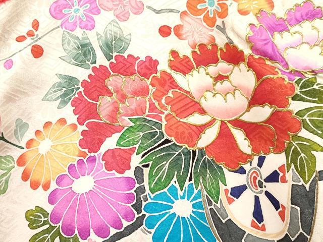 平和屋着物[]七五三　女の子　３歳　祝着　三つ身　長襦袢(袷・半衿刺繍)セット　絞り　檜扇花車文　金彩　逸品　DABA3824ma_3