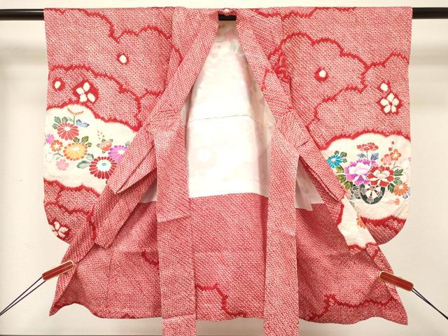 平和屋着物[]七五三　女の子　３歳　祝着　三つ身　長襦袢(袷・半衿刺繍)セット　絞り　檜扇花車文　金彩　逸品　DABA3824ma_2