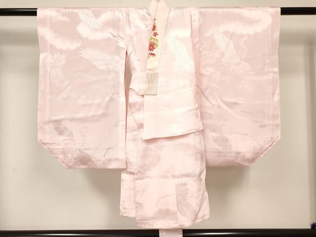 平和屋着物[]七五三　女の子　３歳　祝着　三つ身　長襦袢(袷・半衿刺繍)セット　絞り　檜扇花車文　金彩　逸品　DABA3824ma_6