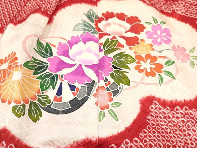 平和屋着物[]七五三　女の子　３歳　祝着　三つ身　長襦袢(袷・半衿刺繍)セット　絞り　檜扇花車文　金彩　逸品　DABA3824ma_4