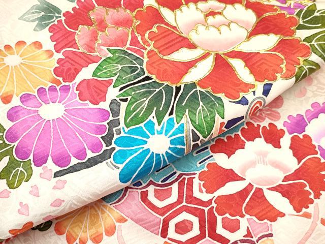 平和屋着物[]七五三　女の子　３歳　祝着　三つ身　長襦袢(袷・半衿刺繍)セット　絞り　檜扇花車文　金彩　逸品　DABA3824ma_5