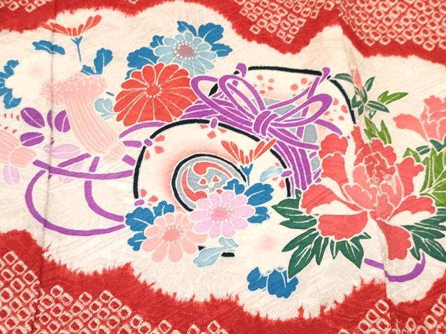 平和屋着物[]七五三　女の子　３歳　祝着　三つ身　長襦袢(袷・半衿刺繍)・被布セット　絞り　雲鼓花蝶文　金銀彩　逸品　DABA3829ma_3