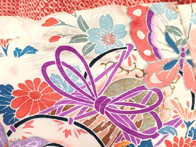 平和屋着物[]七五三　女の子　３歳　祝着　三つ身　長襦袢(袷・半衿刺繍)・被布セット　絞り　雲鼓花蝶文　金銀彩　逸品　DABA3829ma_4