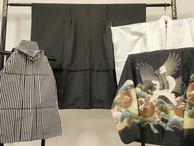 平和屋着物[]七五三　男の子　祝着・羽織・長襦袢(単衣)・行灯袴セット　鷹　鷲　松　立波丸文　暈し染め　金彩　DABA3830ma