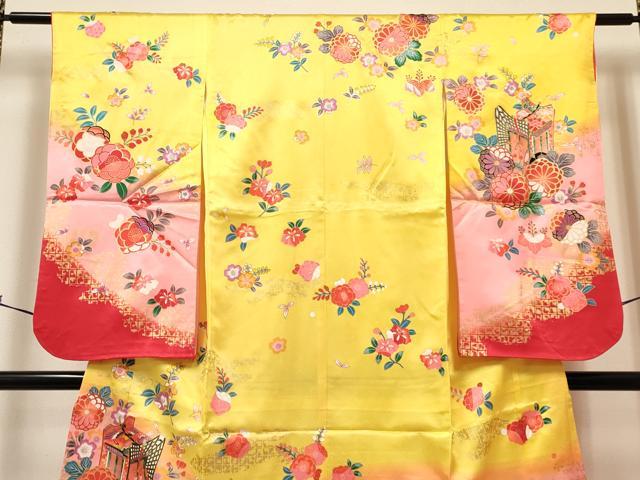 平和屋着物[]七五三　女の子　７歳　祝着　四つ身　長襦袢(単衣)セット　御所車花文　暈し染め　金彩　未使用　DABA3843ma_3