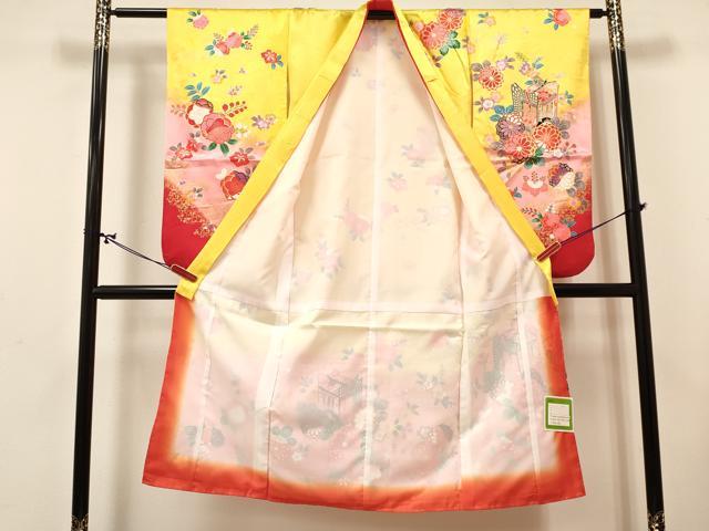 平和屋着物[]七五三　女の子　７歳　祝着　四つ身　長襦袢(単衣)セット　御所車花文　暈し染め　金彩　未使用　DABA3843ma_2