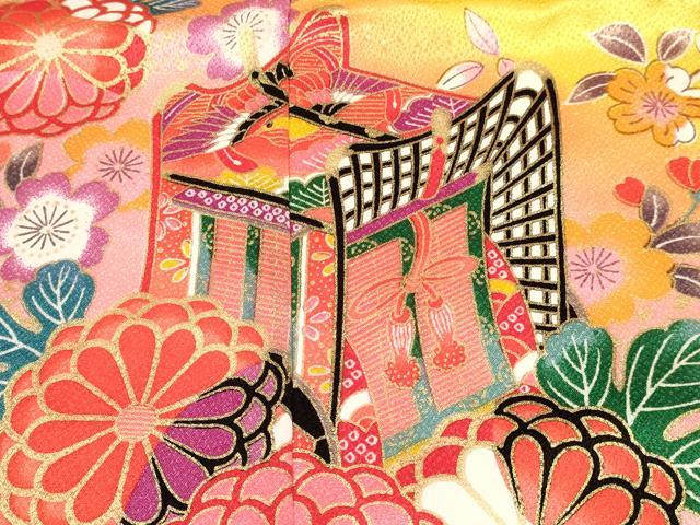 平和屋着物[]七五三　女の子　７歳　祝着　四つ身　長襦袢(単衣)セット　御所車花文　暈し染め　金彩　未使用　DABA3843ma_4