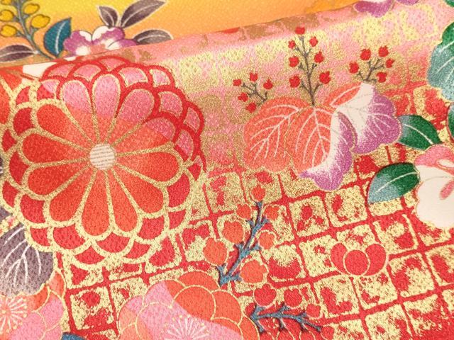 平和屋着物[]七五三　女の子　７歳　祝着　四つ身　長襦袢(単衣)セット　御所車花文　暈し染め　金彩　未使用　DABA3843ma_5