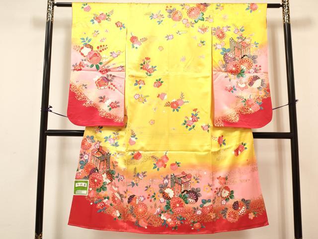 平和屋着物[]七五三　女の子　７歳　祝着　四つ身　長襦袢(単衣)セット　御所車花文　暈し染め　金彩　未使用　DABA3843ma_1
