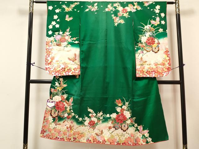平和屋着物[]七五三　女の子　７歳　祝着　四つ身　長襦袢(単衣)セット　舞蝶花車文　暈し染め　金銀彩　逸品　未使用　DABA3848ma_1