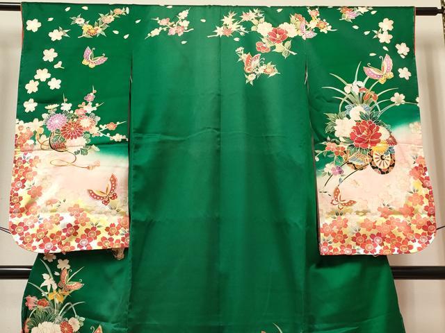 平和屋着物[]七五三　女の子　７歳　祝着　四つ身　長襦袢(単衣)セット　舞蝶花車文　暈し染め　金銀彩　逸品　未使用　DABA3848ma_3