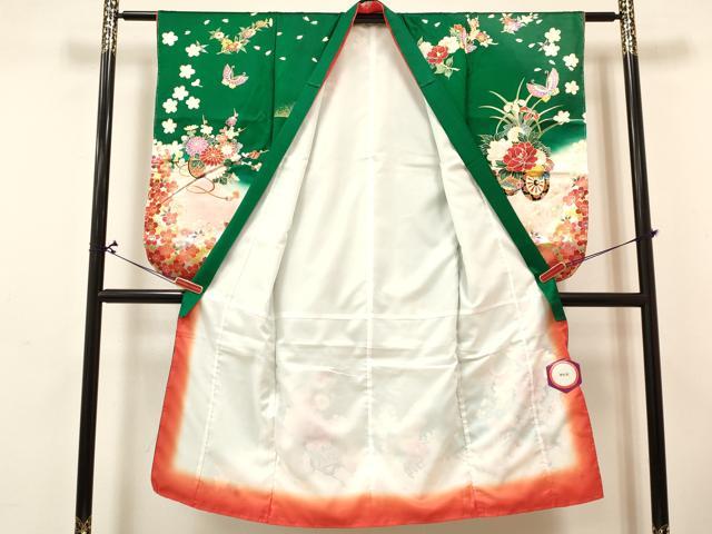 平和屋着物[]七五三　女の子　７歳　祝着　四つ身　長襦袢(単衣)セット　舞蝶花車文　暈し染め　金銀彩　逸品　未使用　DABA3848ma_2