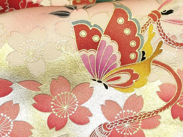 平和屋着物[]七五三　女の子　７歳　祝着　四つ身　長襦袢(単衣)セット　舞蝶花車文　暈し染め　金銀彩　逸品　未使用　DABA3848ma_5