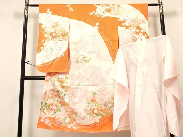平和屋着物[]七五三　女の子　７歳　祝着　四つ身　長襦袢(単衣)セット　地紙牡丹飛鶴花文　金彩　DABA3852ma