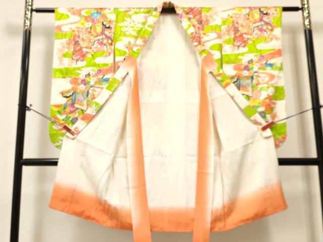 平和屋着物[]七五三 女の子 ７歳 祝着 四つ身 袋帯セット エ霞御所車花