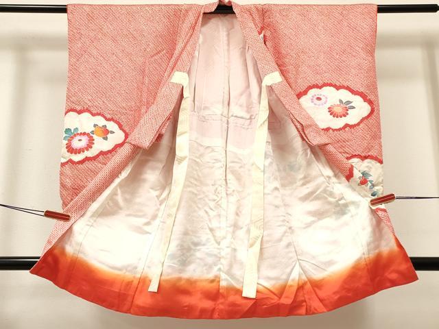 平和屋着物[]七五三　女の子　３歳　祝着　三つ身　絞り　雲取り絵巻鼓花文　銀彩　逸品　DABA3891ma_1