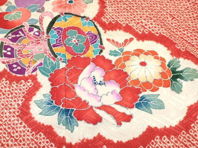 平和屋着物[]七五三　女の子　３歳　祝着　三つ身　絞り　雲取り絵巻鼓花文　銀彩　逸品　DABA3891ma_2