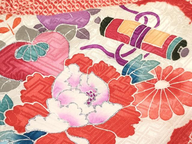 平和屋着物[]七五三　女の子　３歳　祝着　三つ身　絞り　雲取り絵巻鼓花文　銀彩　逸品　DABA3891ma_3
