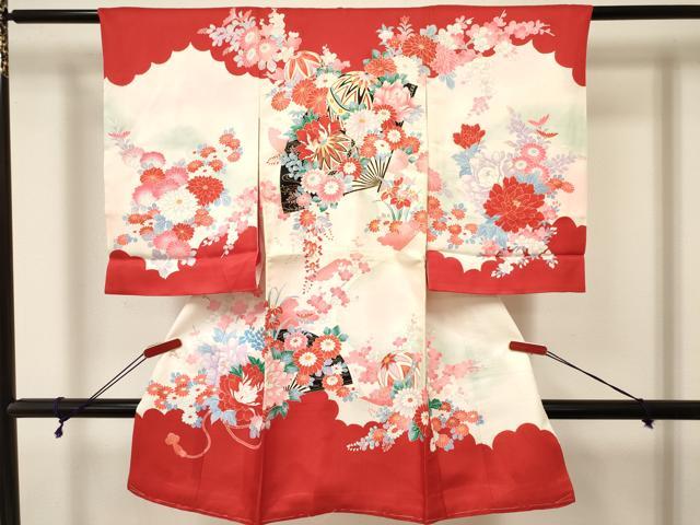 平和屋着物[]お宮参り　女の子　祝着　産着　初着　のしめ　扇面鞠花文　暈し染め　金彩　逸品　未使用　DABA3914ma